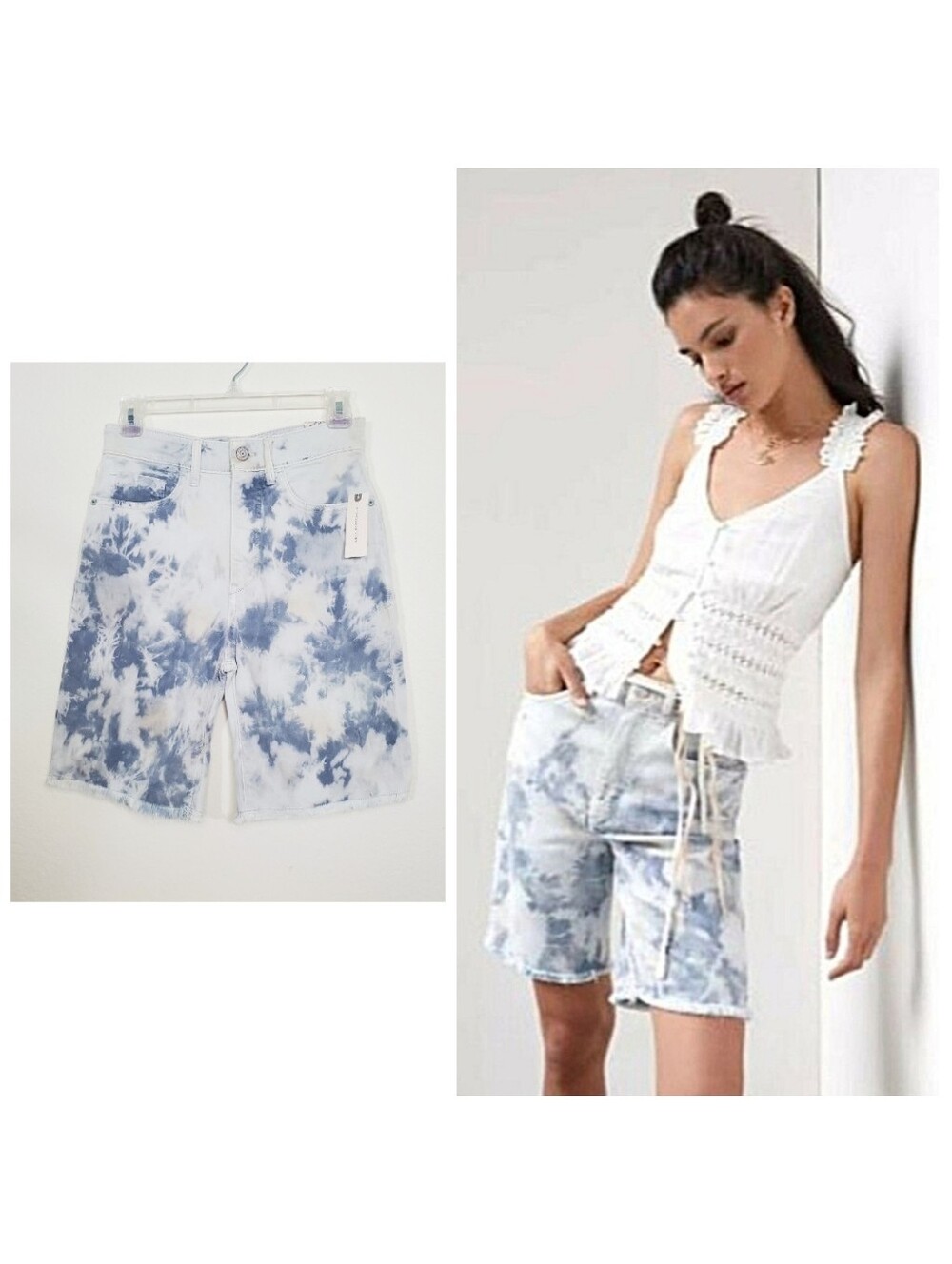 Anthropologie Pilcro Boho Tie Dye Denim Distressed Bermuda Shorts Jorts 25